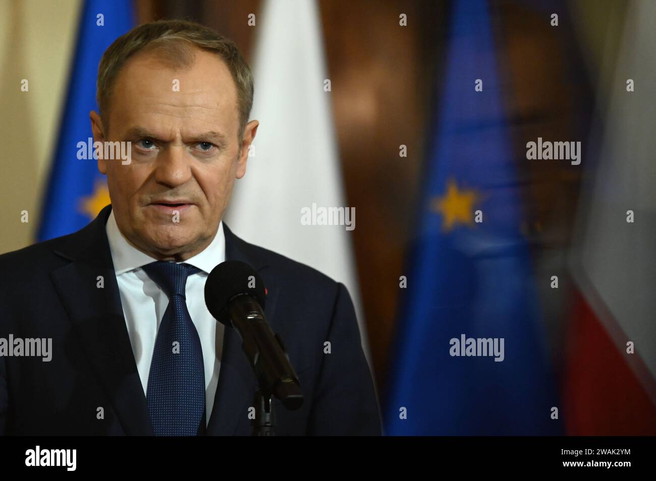Warsaw, Poland. 03rd Jan, 2024. Press-conference of new Poland Prime Minister Donald Tusk, KPRM, Warsaw, Poland on Jan. 3, 2023. Political crisis in Poland go on. (Photo by Aleksy Witwicki/Sipa USA) Credit: Sipa USA/Alamy Live News Stock Photo