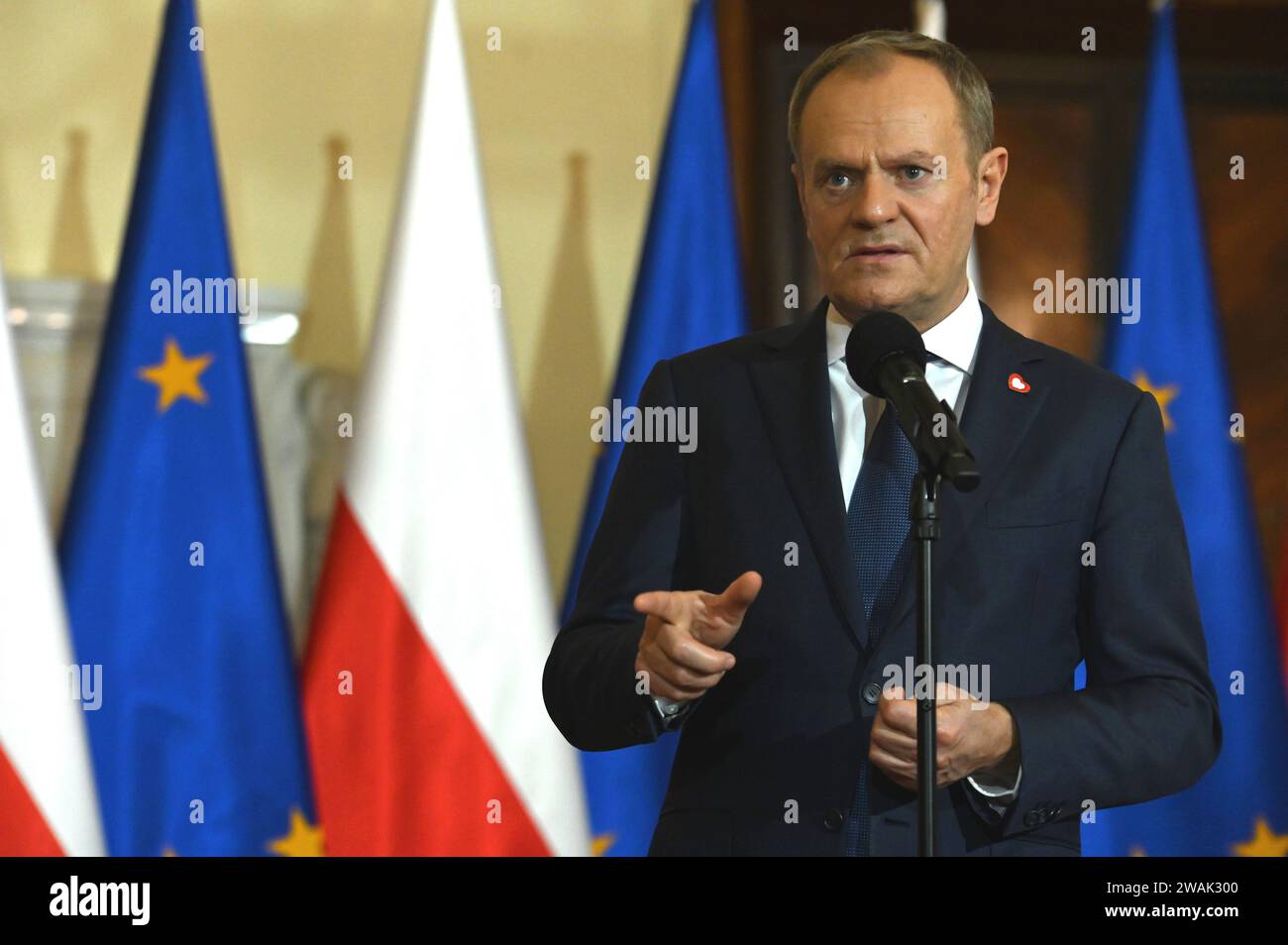 Warsaw, Poland. 03rd Jan, 2024. Press-conference of new Prime Minister Donald Tusk, KPRM, Warsaw, Poland on Jan. 3, 2024. Goverment and justice crisis in Poland go on. (Photo by Aleksy Witwicki/Sipa USA) Credit: Sipa USA/Alamy Live News Stock Photo