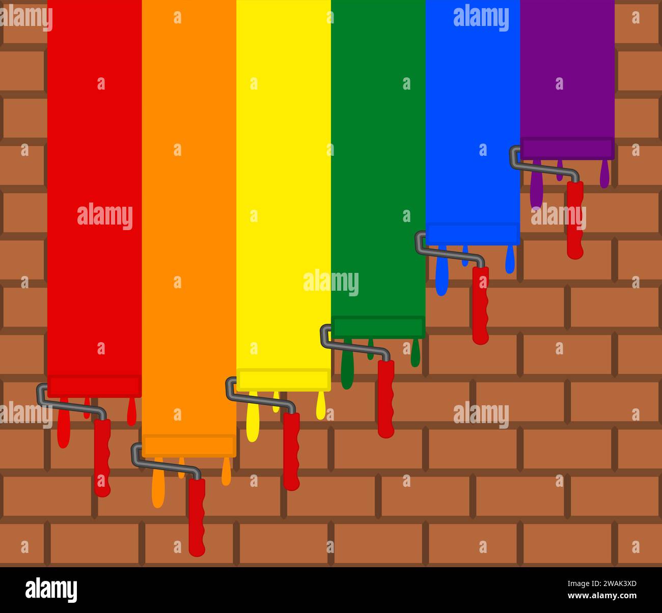 Bright colorful strips with paint rollers and a brick wall. Stock Vector