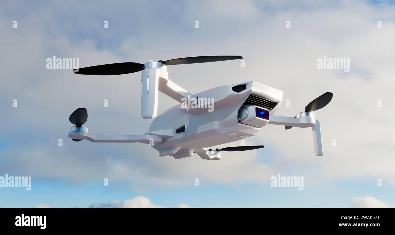 Unmanned aerial vehicle drone, white against a blue sky with clouds ...