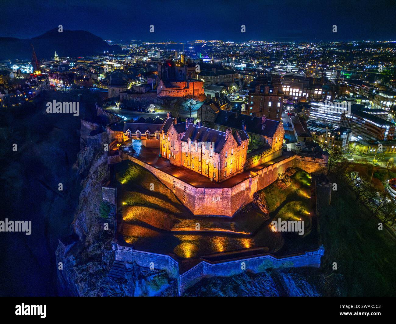 Night aerial view of Edinburgh Castle, Edinburgh, Scotland, UK Stock Photo