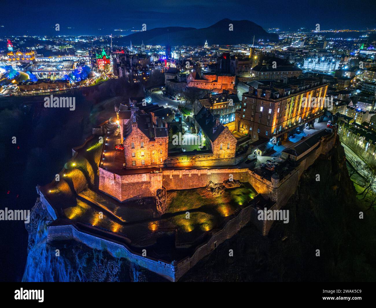 Night Aerial View Of Edinburgh Castle Edinburgh Scotland UK Stock 