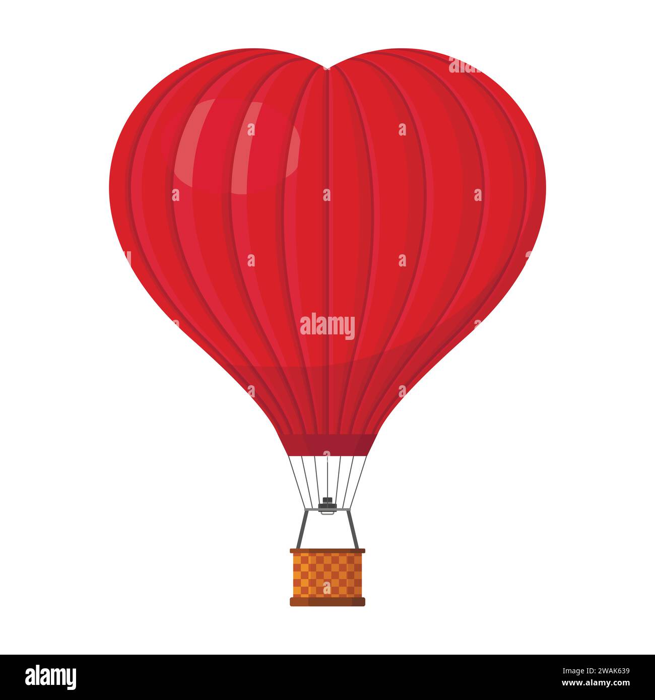 Hot air balloon shape of a heart with basket isolated on white background, Red Aerostat cartoon air-balloon traveling valentine's day, wedding. Vector Stock Vector