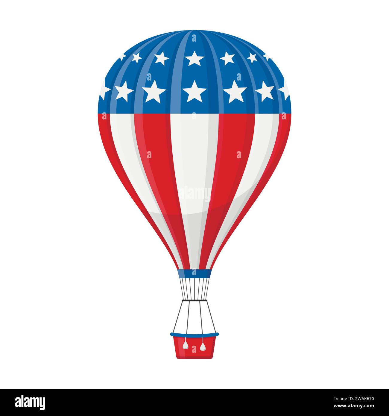 Aerostat Balloon usa flag transport with basket icon isolated on white background, Cartoon american ballooning adventure flight, ballooned traveling f Stock Vector