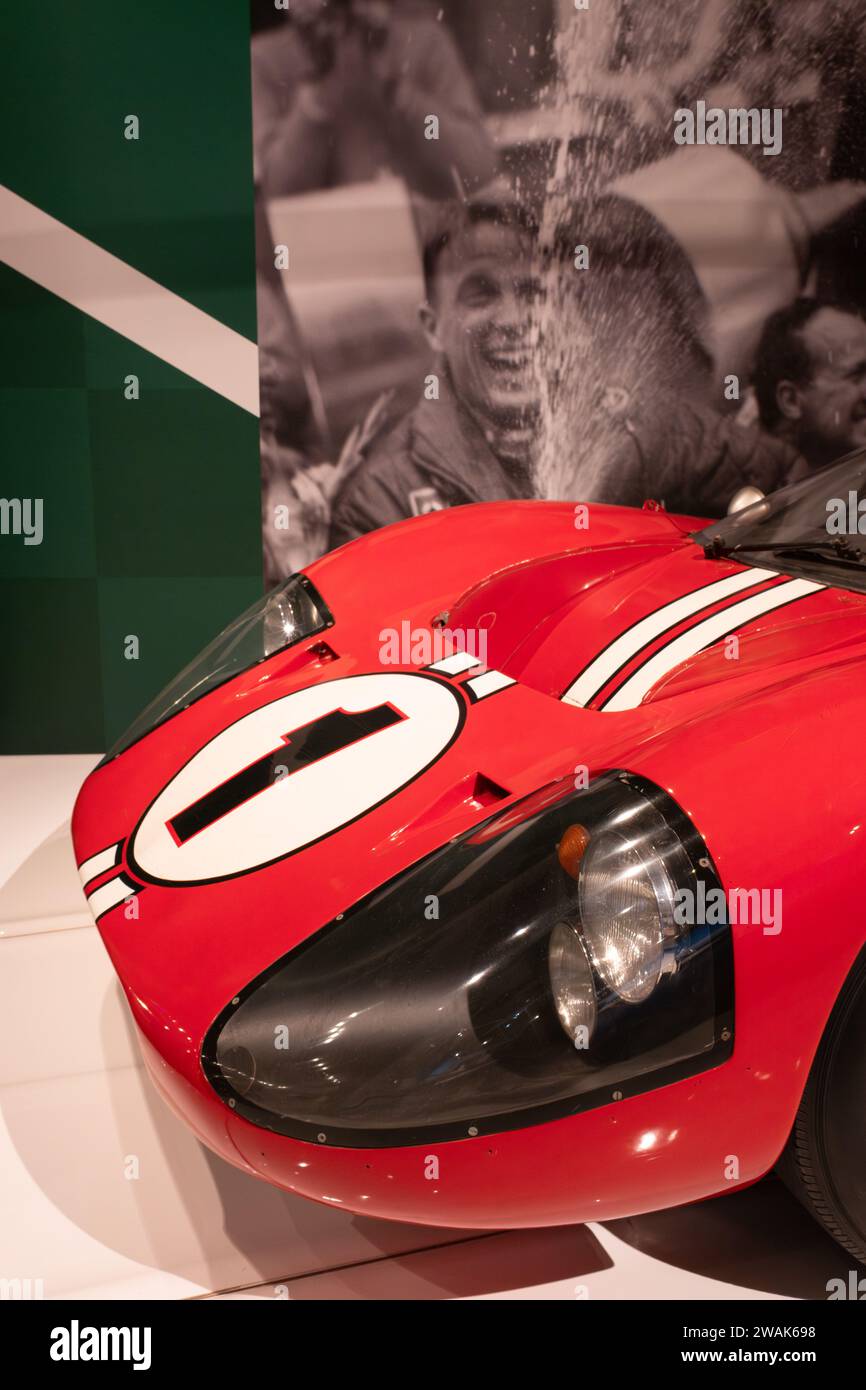 The 1967 24 Hours of LeMans winning Ford GT40 Mark IV, driven by Dan Gurney and AJ Foyt, on display at the Henry Ford Museum of American Innovation Stock Photo