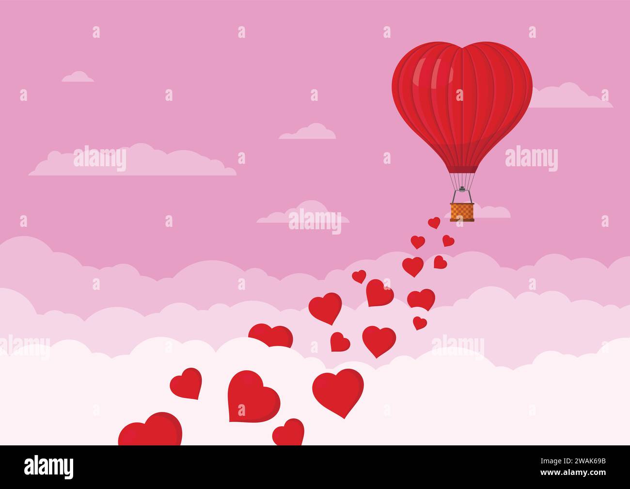 Red heart air balloons flying in the pink sky with clouds. Saint Valentine's day greeting card. Hot air balloon shape of a heart with basket. Vector i Stock Vector