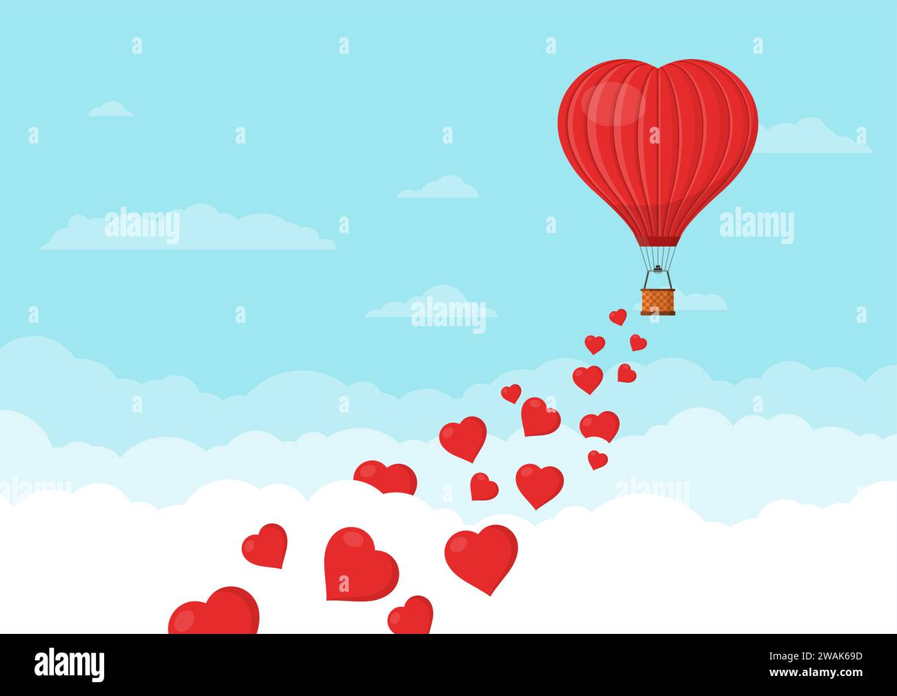 Red heart air balloons flying in the blue sky with clouds. Saint Valentine's day greeting card. Hot air balloon shape of a heart with basket. Vector i Stock Vector