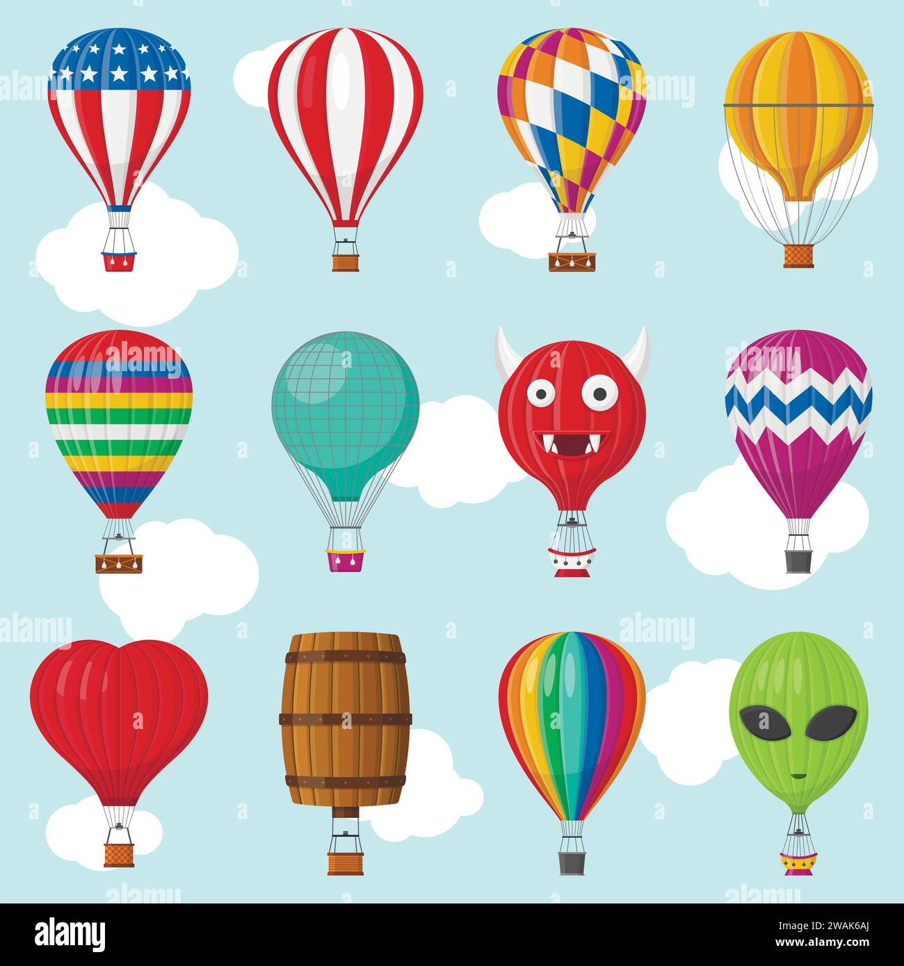 Aerostat Balloon transport with basket set flying in sky, Cartoon air