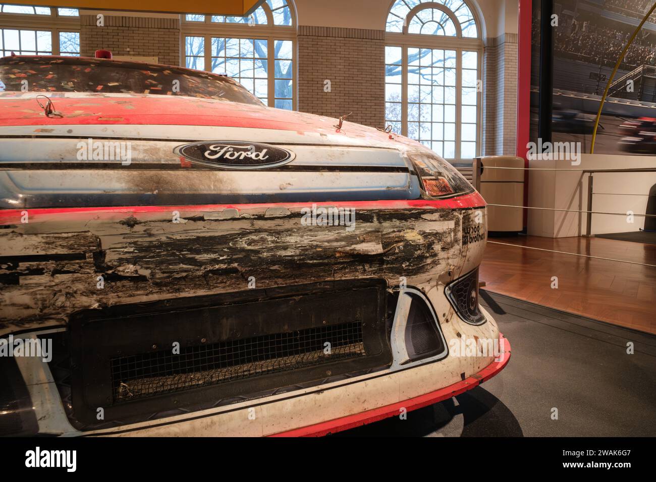 Ford Fusion NASCAR cup car, driven to the 2011 Daytona 500 win by Trevor Bayne, on display at the Henry Ford Museum of American Innovation Stock Photo