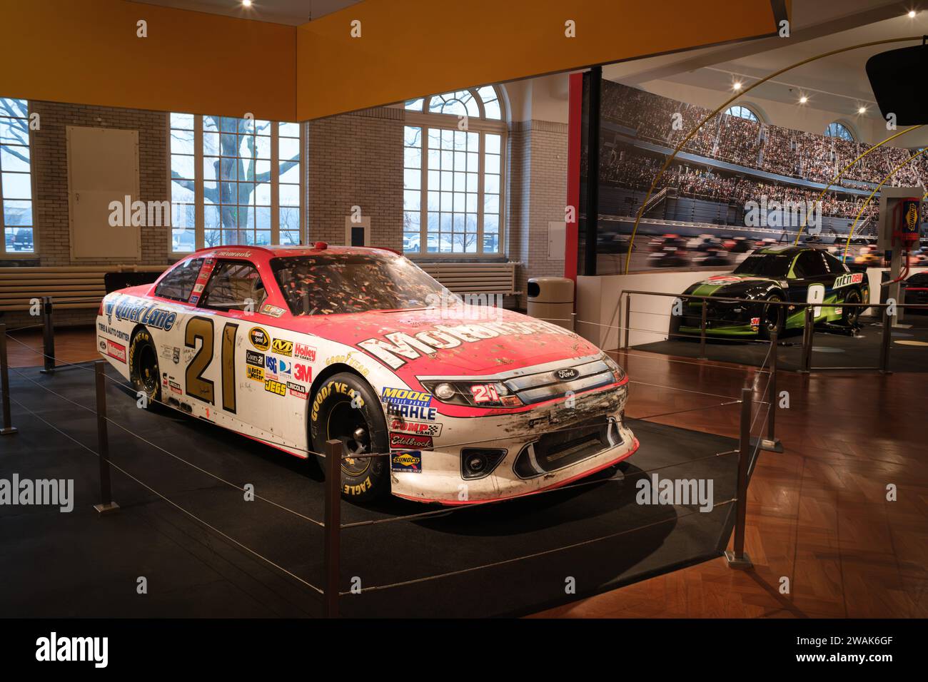 Ford Fusion NASCAR cup car, driven to the 2011 Daytona 500 win by Trevor Bayne, on display at the Henry Ford Museum of American Innovation Stock Photo