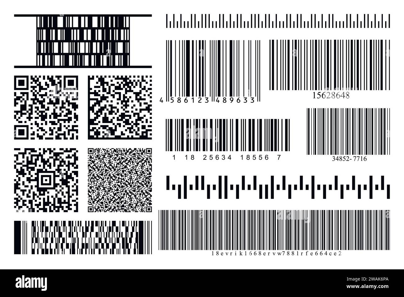 Barcodes and QR codes collection set. Black striped code for digital identification. Vector code information, QR, store scan codes. Industrial coding Stock Vector