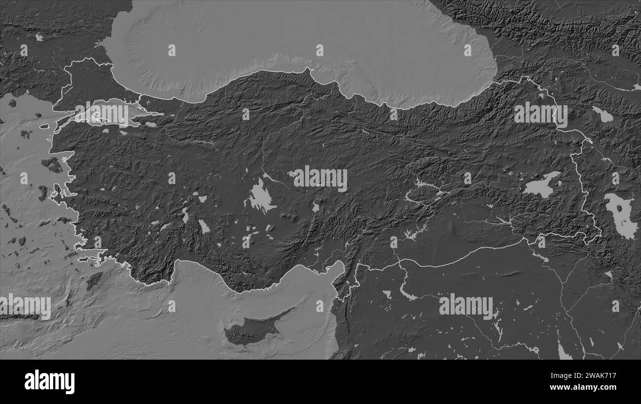 Turkiye Rivers Turkiye outlined on a Bilevel elevation map with lakes and rivers Stock ...