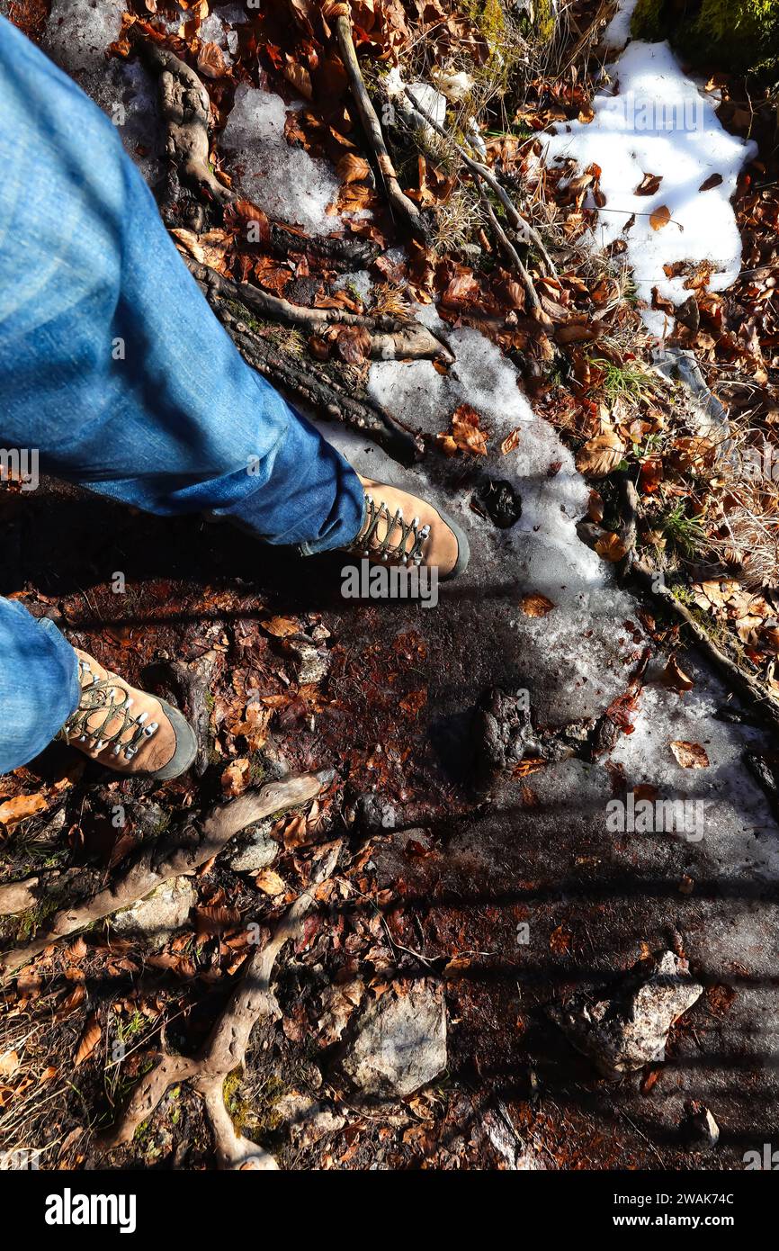 boots and legs with jeans of the adventurous hiker on the impervious ...