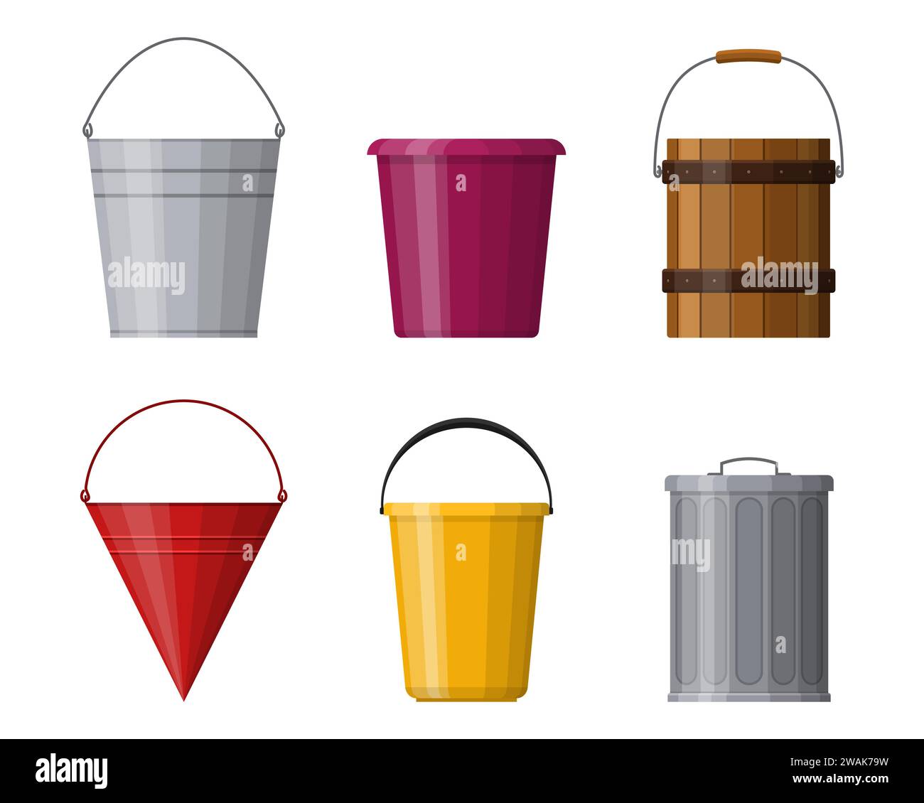 Different buckets set isolated on white background. Steel, plastic and wooden bucket set for gardening, metal container for water and handles trash bi Stock Vector