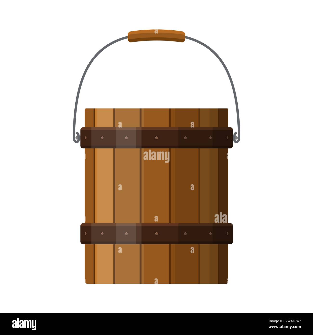 Wooden bucket with handle and metal strapping isolated on white background. Rustic wood pail icon. Vector illustration. Stock Vector