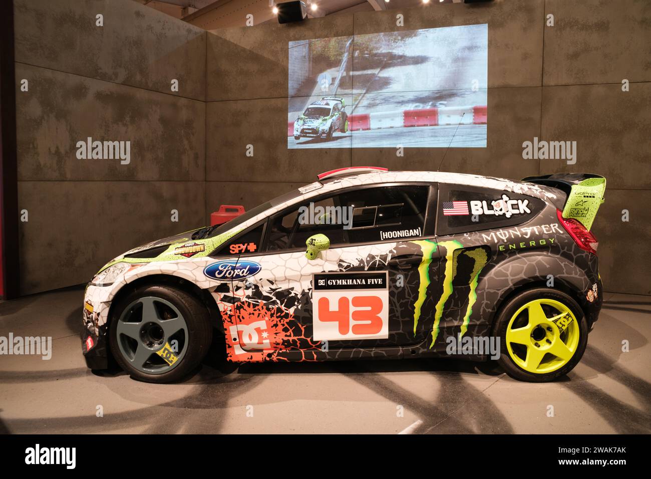 2012 Ford Fiesta Rally Car, driven by Ken Block in Gymkhana V, on display at The Henry Ford Museum of American Innovation Stock Photo
