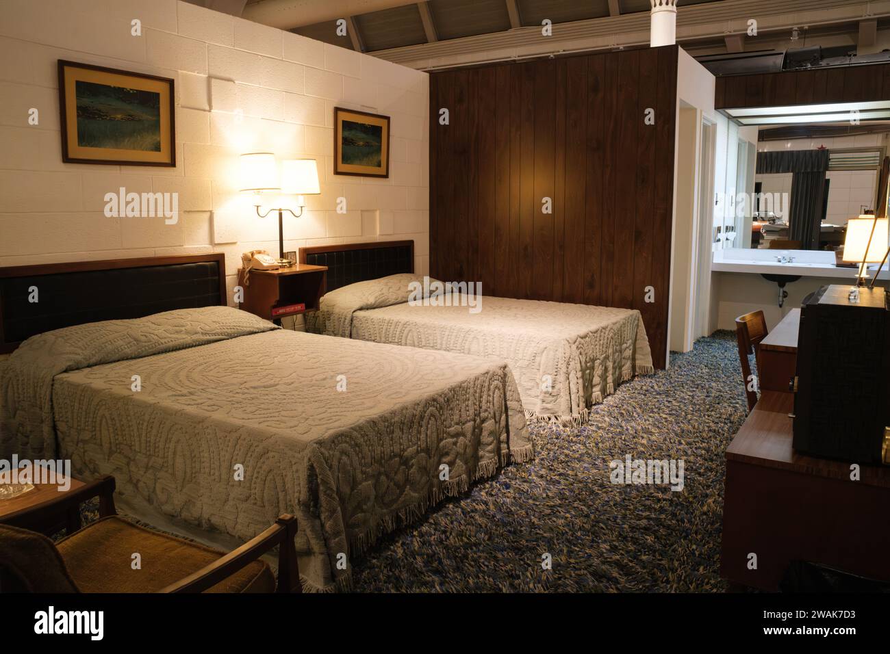 Holiday Inn hotel room, circa 1965, exhibit at The Henry Ford Museum of American Innovation Stock Photo