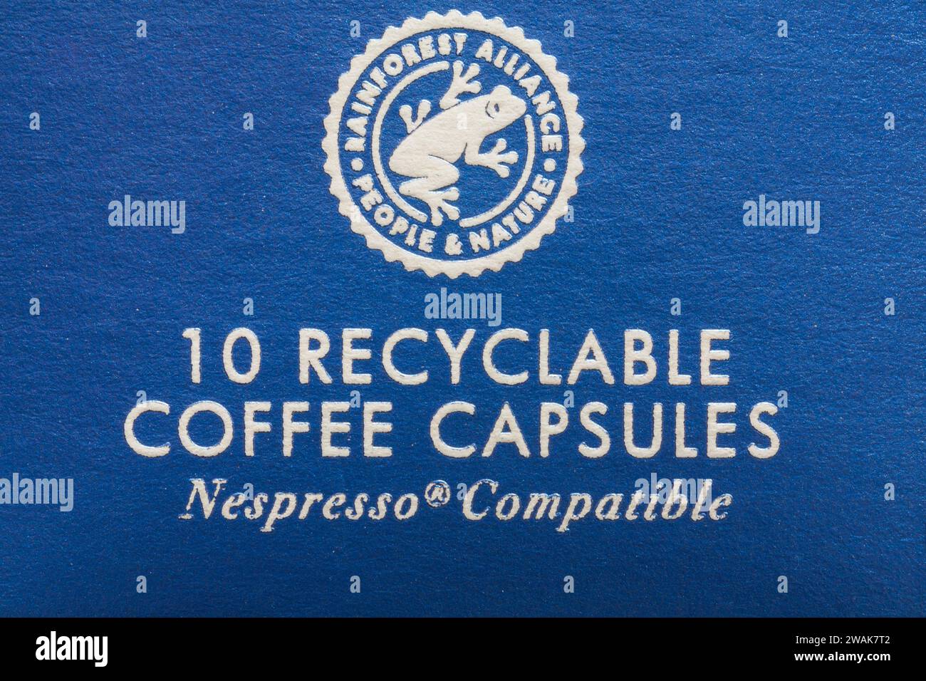 10 Recyclable Coffee Capsules Nespresso Compatible - detail on box of Caffe Nero Classico Original Blend coffee capsules coffee pods Stock Photo