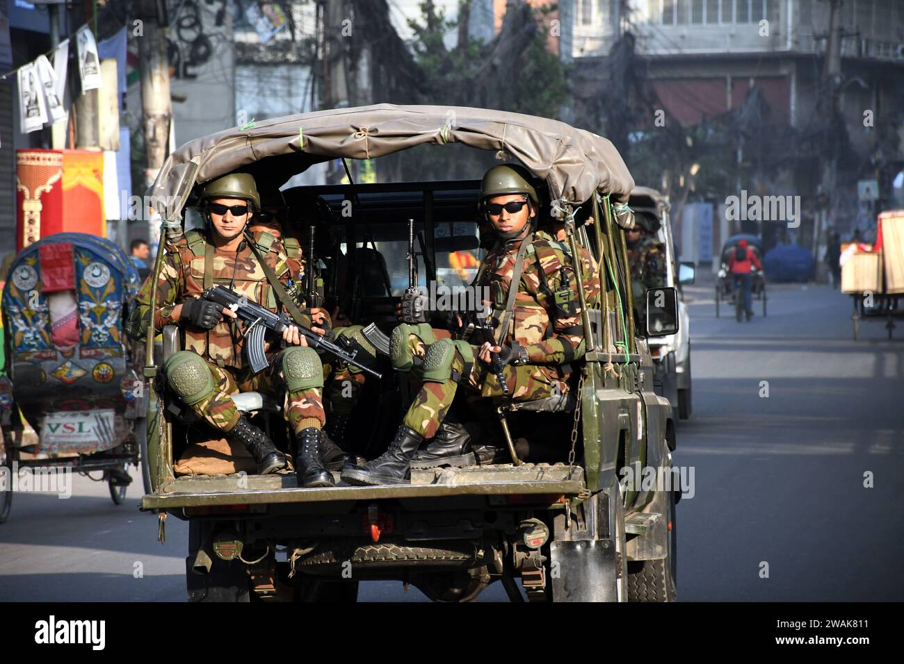 Dhaka, Wari, Bangladesh. 5th Jan, 2024. Bangladesh Army members ride a