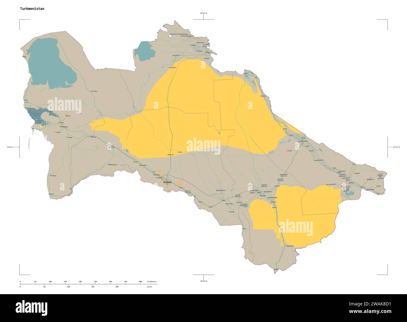 Shape of a topographic, OSM France style map of the Turkmenistan, with distance scale and map border coordinates, isolated on white Stock Photo