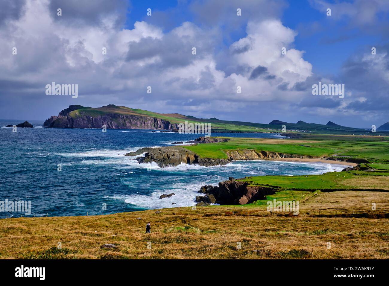 Republic of Ireland, County Kerry, Dingle Peninsula, View from Clogher Head towards Three Sisters Stock Photo