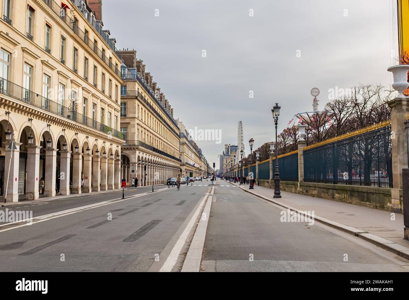 Paris, France, 2023. Lined with elegant arcades and the Tuileries Garden, the rue de Rivoli offers a beautiful perspective Stock Photo