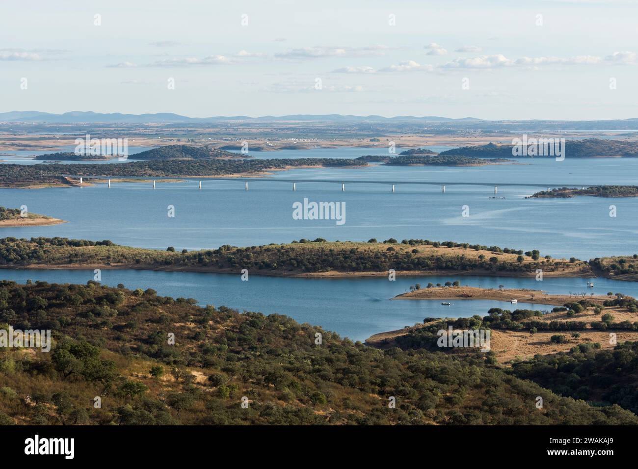 The Alqueva Dam, the largest artificial lake in Western Europe, seen from the medieval village Monsaraz, Portugal. Stock Photo