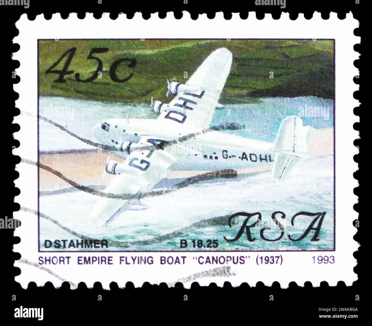 MOSCOW, RUSSIA - DECEMBER 17, 2023: Postage stamp printed in South Africa shows Short Empire Flying Boat 'Canopus' (1937), Aviation in South Africa se Stock Photo