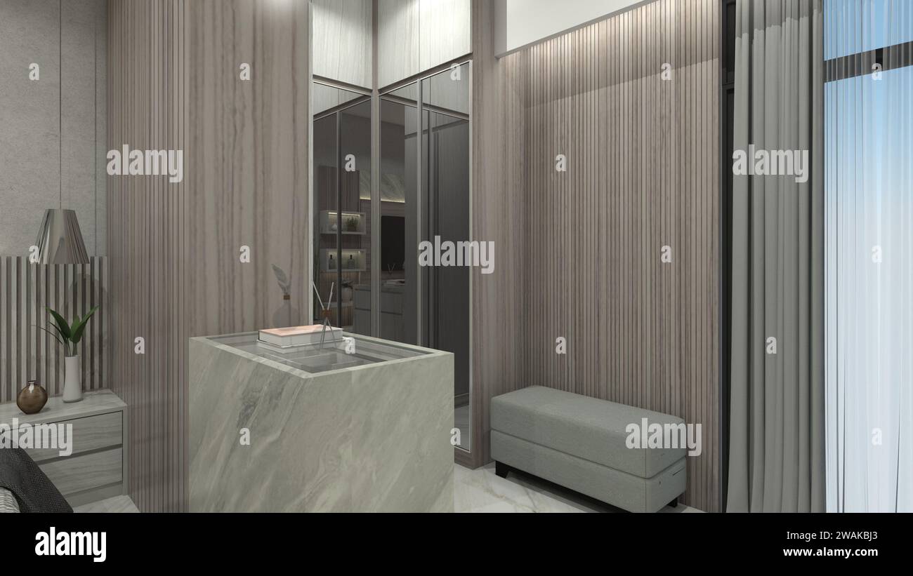 Modern Walkin Closet Design with Accessories Display Table Stock Photo