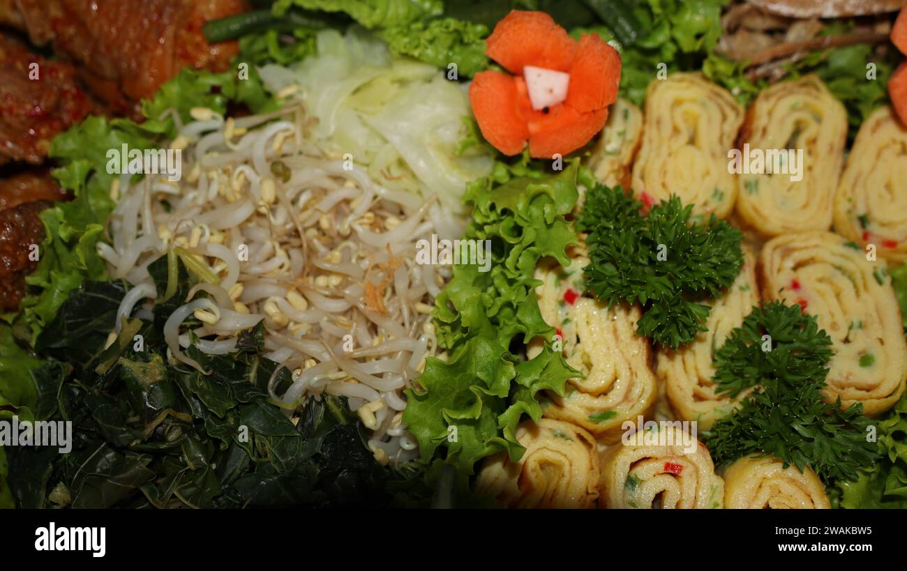 Many dishes Indonesia traditional food for special occasion from several regional cuisines in the country Stock Photo