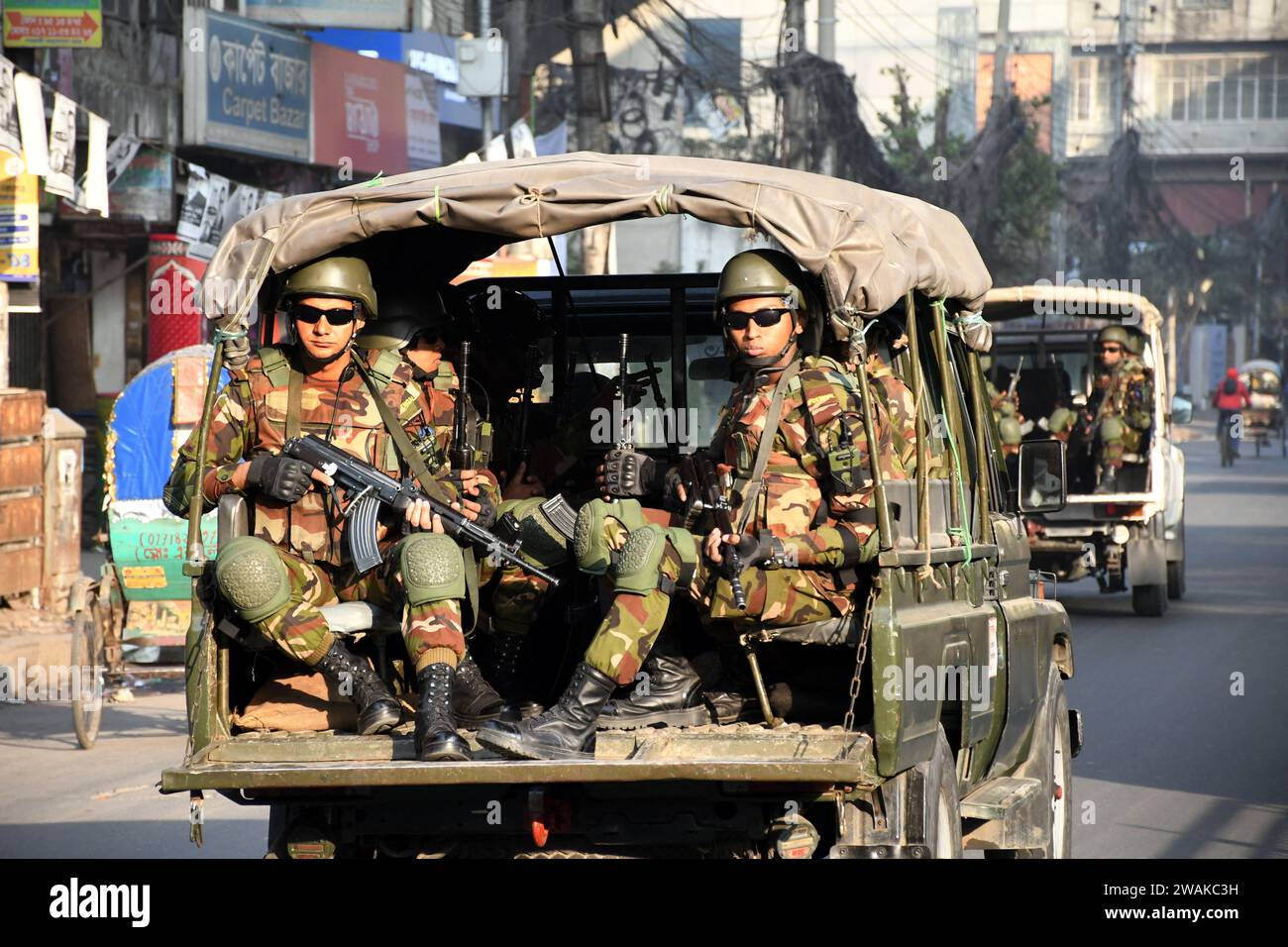 Dhaka, Bangladesh. 05th Jan, 2024. Bangladesh Army members ride a