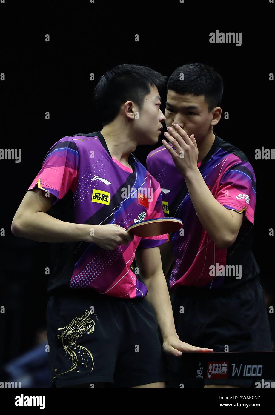 Doha, Qatar. 5th Jan, 2024. Yuan Licen/Xiang Peng (R) react during the