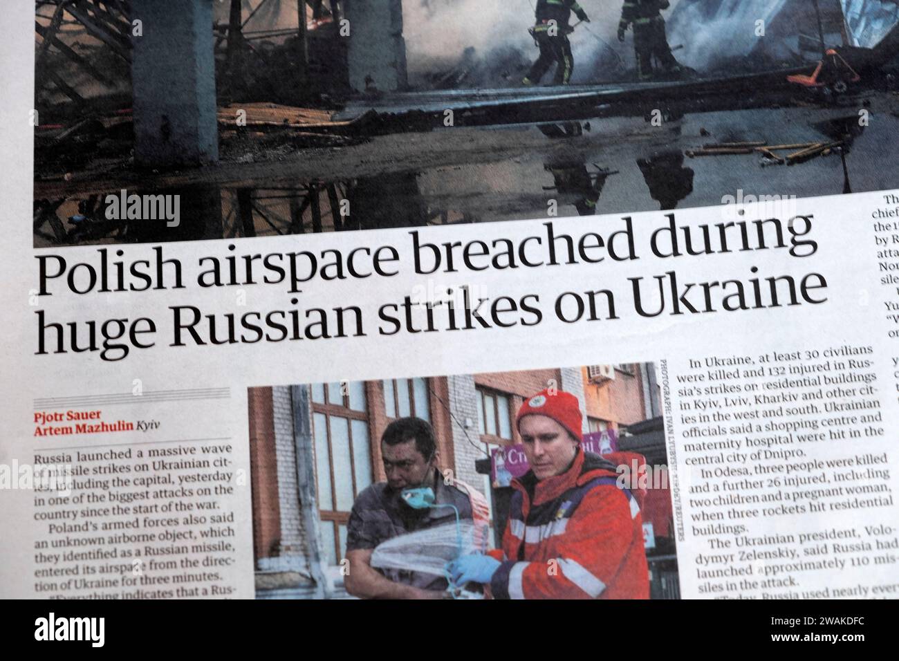 'Polish airspace breached during huge Russian strikes on Ukraine' Guardian newspaper headline Russia Ukraine war article 30 December 2023 London UK Stock Photo