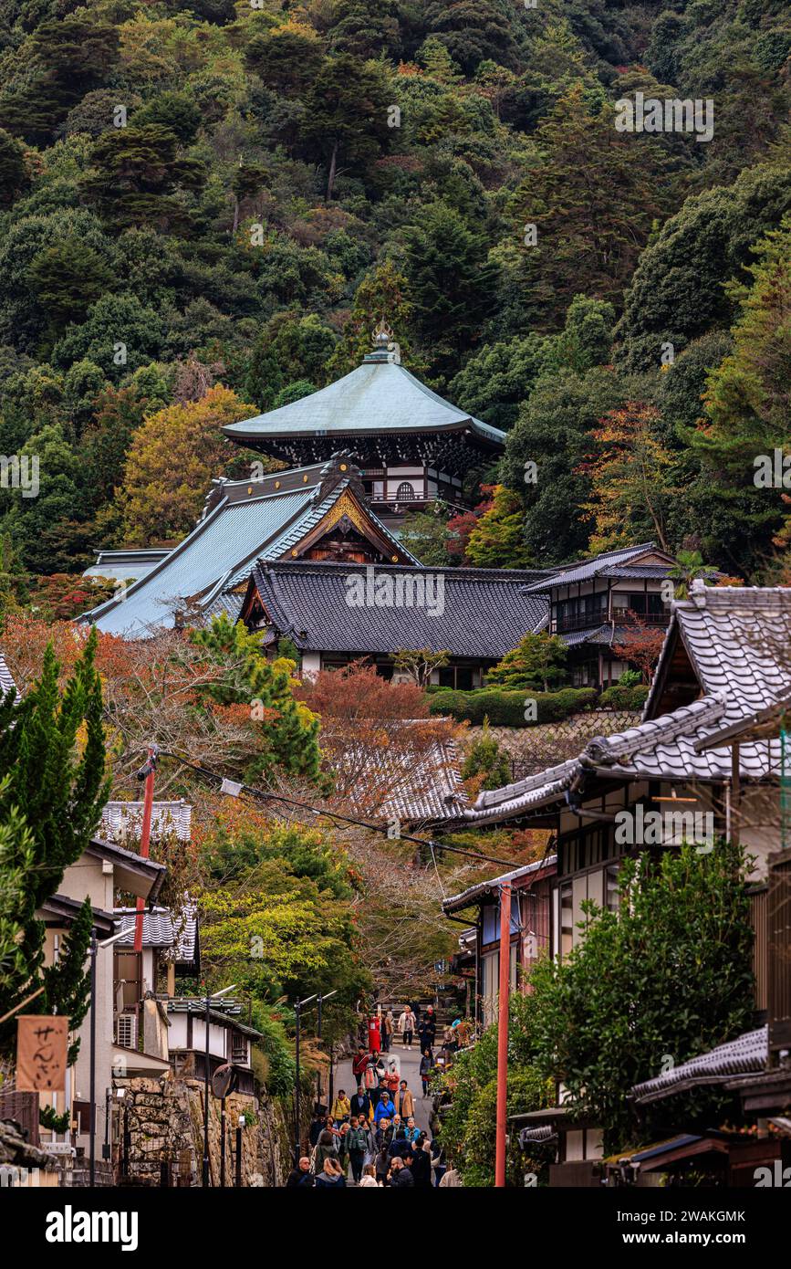 view up the hillside to roofs of  daisho-in temple amongst colourful autumnal foliage Stock Photo