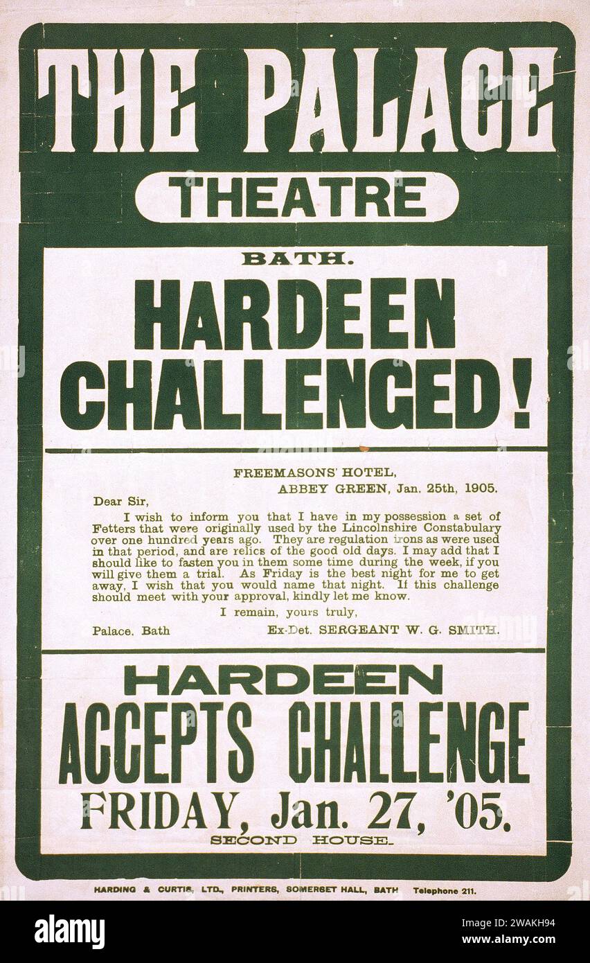 The Palace Theatre poster - Hardeen challenged! Hardeen accepts challenge, Freemason's Hotel, Abbey Green, Friday, Jan. 17, 1905 Stock Photo
