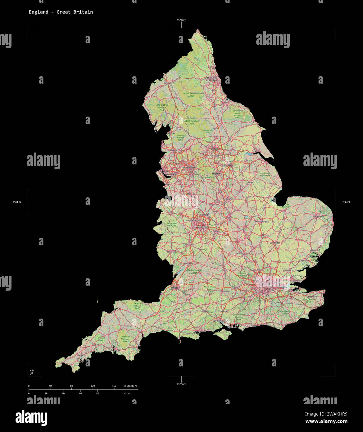 Shape of a topographic, OSM Germany style map of the England - Great ...