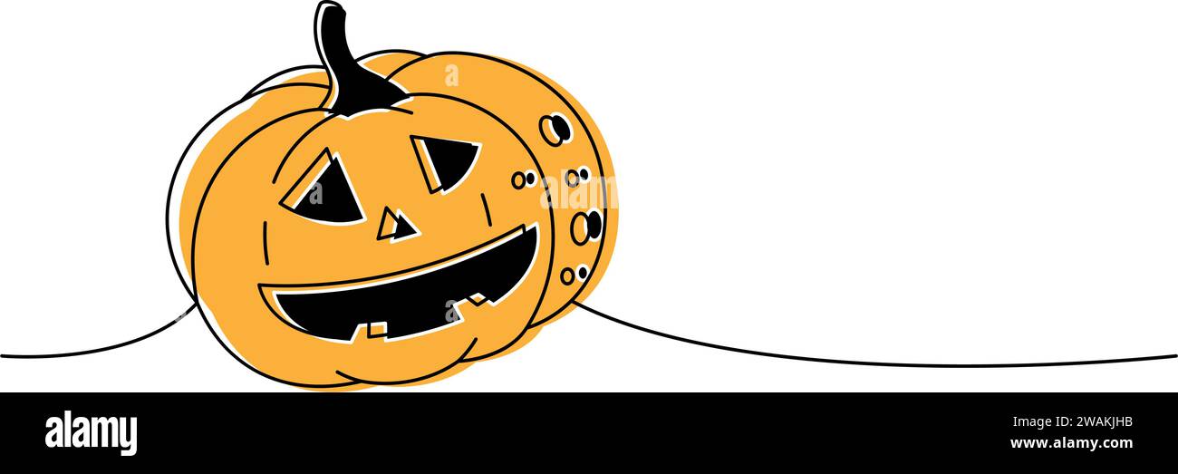 Pumpkin with scary face, autumn vegetable one line colored continuous ...