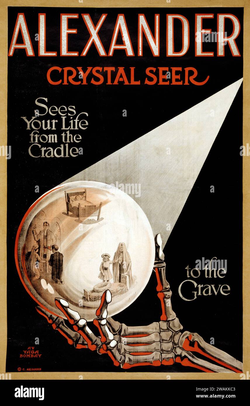 Alexander, crystal seer sees our life from the cradle to the grave. C 1910. (Claude Alexander 1880-1954) Stock Photo