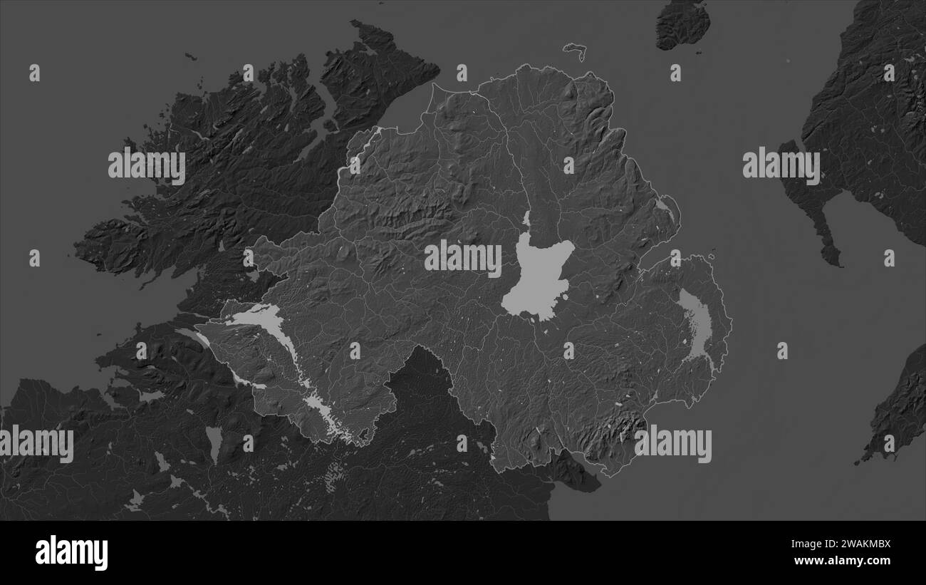 Northern Ireland highlighted on a Bilevel elevation map with lakes and rivers Stock Photo