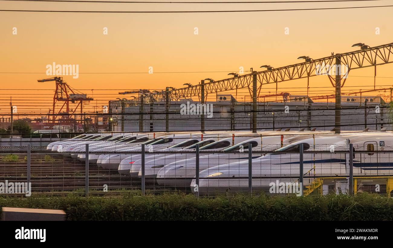 a row of shiny white shinkansen bullet trains lined up in a siding under an overhead gantry as if under starters orders ready for the off at sunrise Stock Photo