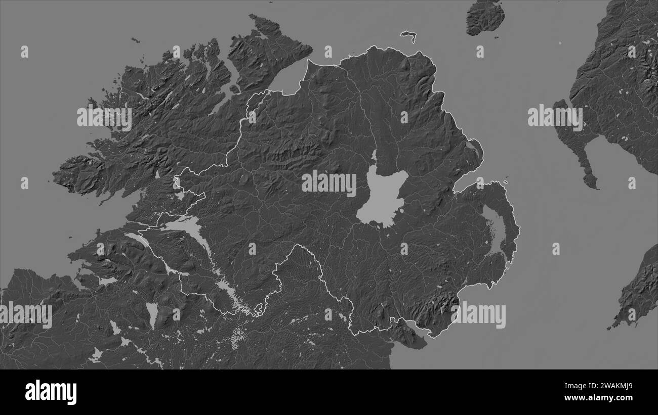 Northern Ireland outlined on a Bilevel elevation map with lakes and rivers Stock Photo