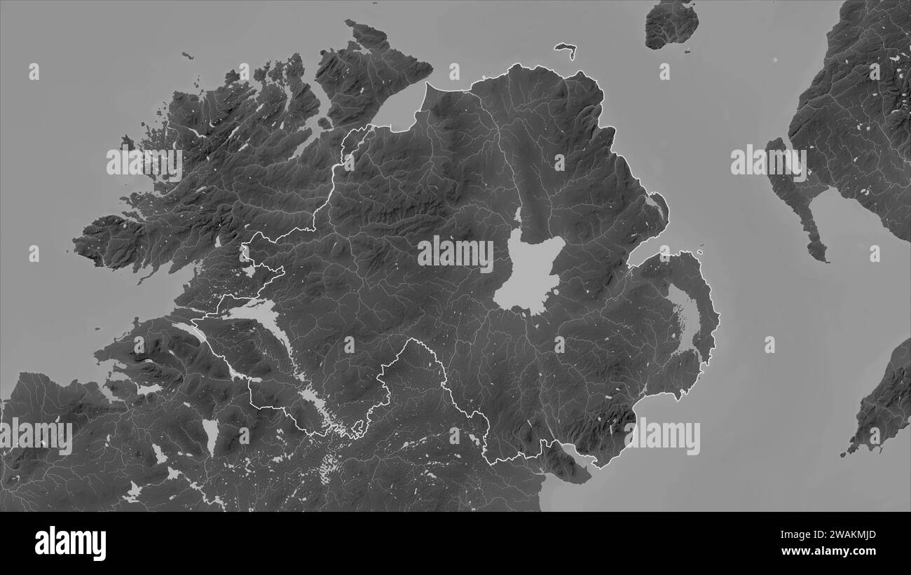 Northern Ireland outlined on a Grayscale elevation map with lakes and