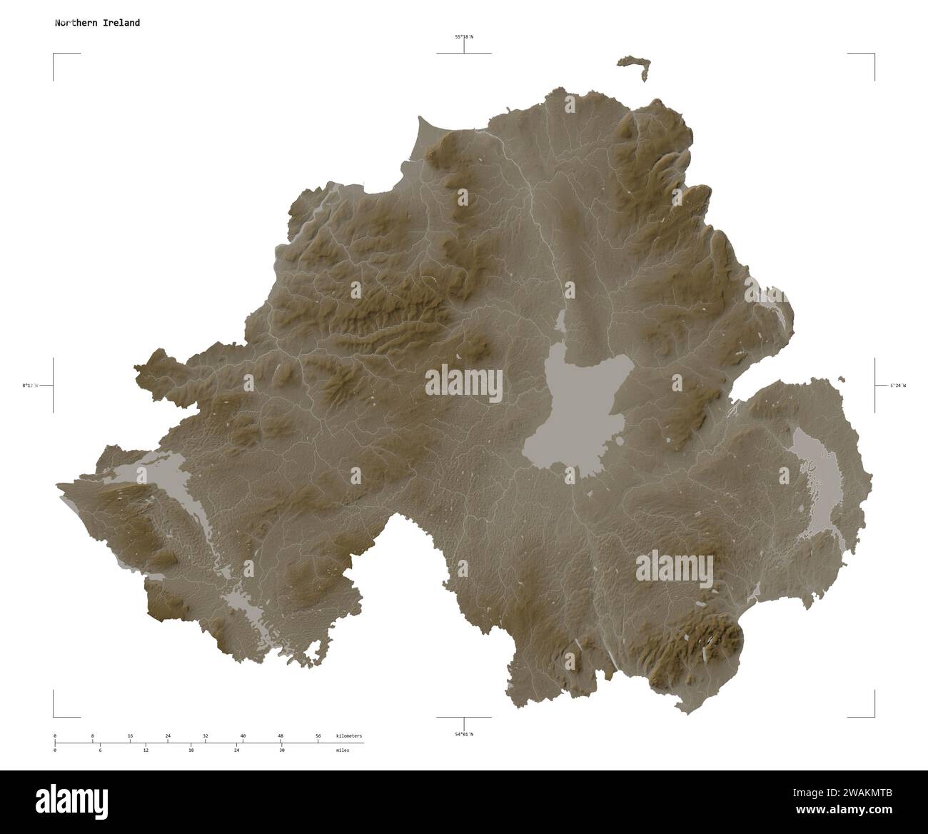 Ireland map zoom border sepia hi res - Shape Of A Elevation Map Colored In Sepia Tones With Lakes And Rivers Of The Northern Ireland With Distance Scale And Map Border Coordinates Isolate 2WAKMTB