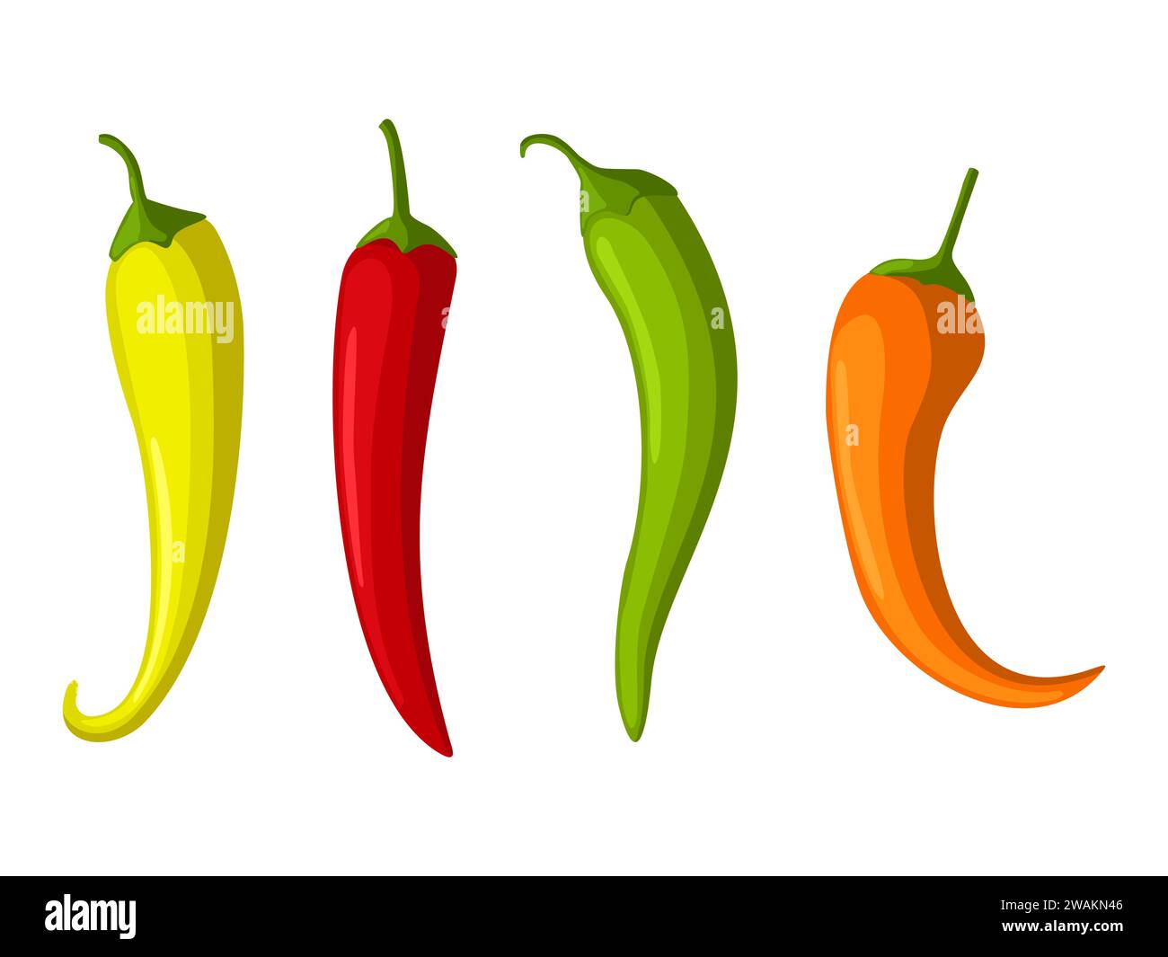 Hot red, yellow and green Chilly peppers set isolated on white background, cartoon mexican chilli, paprika icon signs. Spicy food symbols, cayenne pep Stock Vector