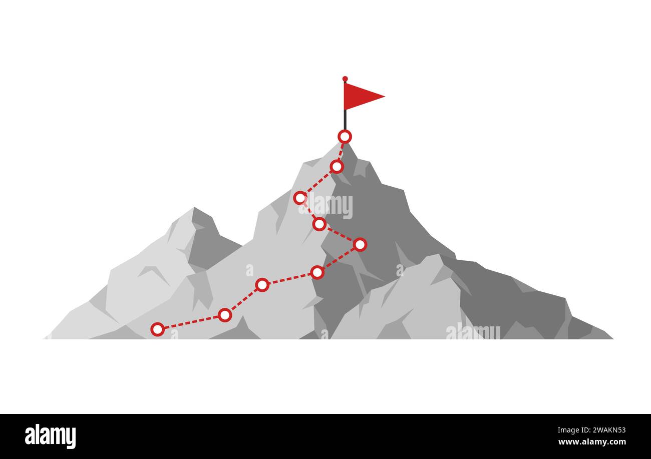 Mountain climbing route to peak. Hiking trip to the top of the mountain journey path. Route challenge infographic career top goal growth plan journey Stock Vector