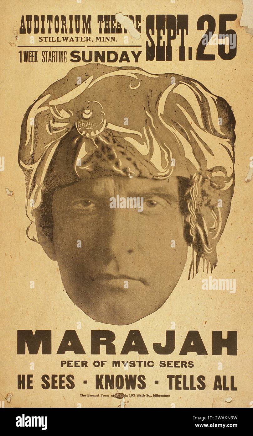 Auditorium Theatre Poster - Marajah peer of mystic seers -he sees, knows, tells all - Magician with turban, 1923 Stock Photo