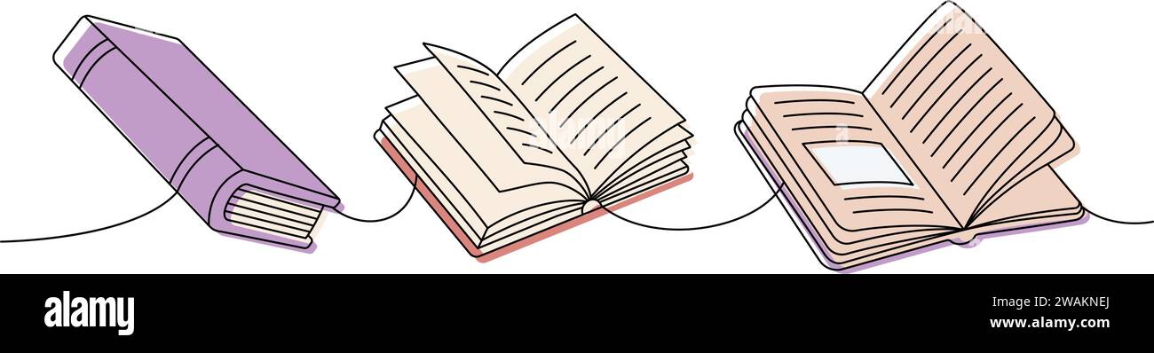 Opened and closed books. Back to school one line colored continuous drawing. School accessories continuous one line illustration. Stock Vector