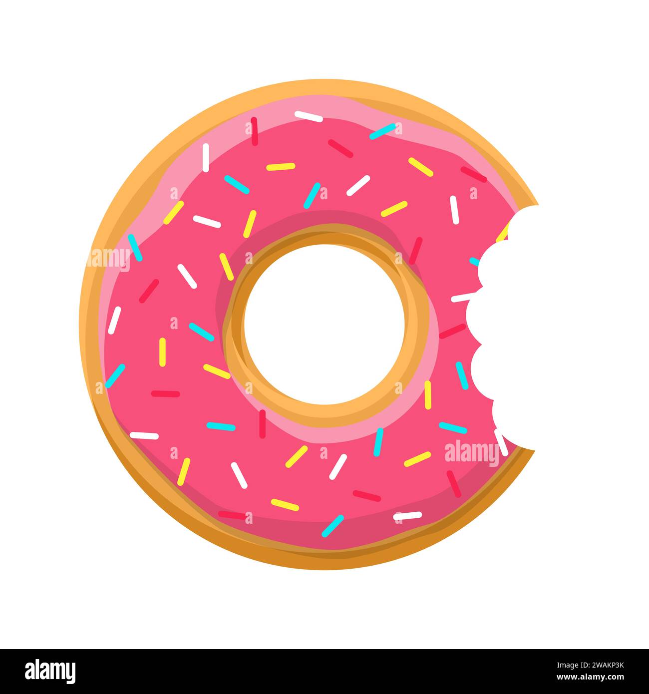 Sweet pink bitten donut with pink icing isolated on white background