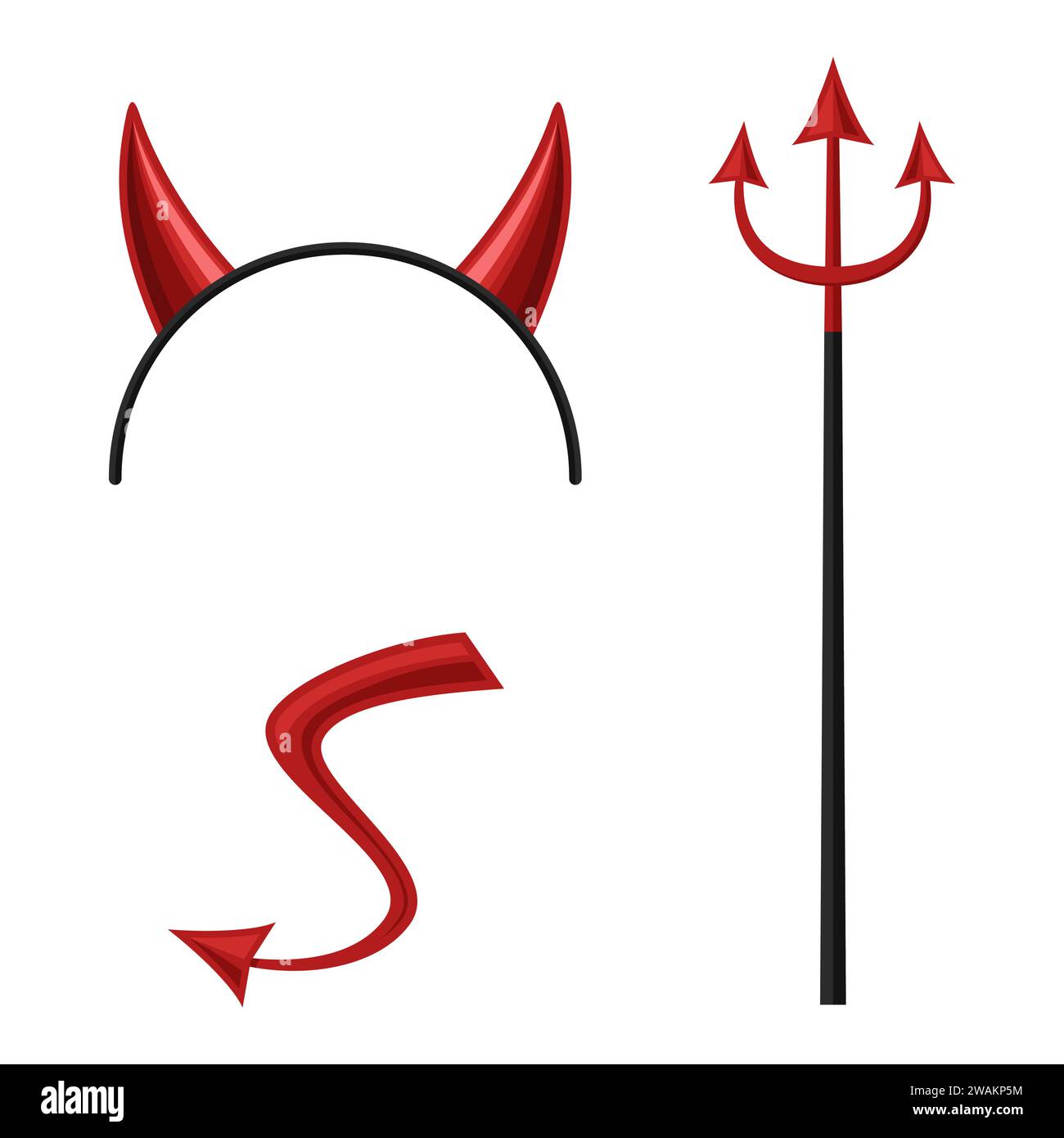 Devils horns head gear, trident and tail isolated on white background. Demon costume, halloween mask, party time, devil wears. Vector illustration. Stock Vector