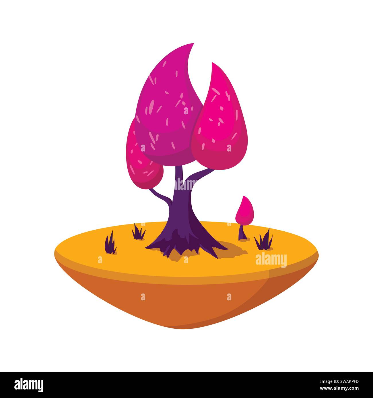 Fairytale pink tree on the orange soil isolated on white background. Fantasy plant nature landscape elements, Funny colorful magic tree. Forest with c Stock Vector